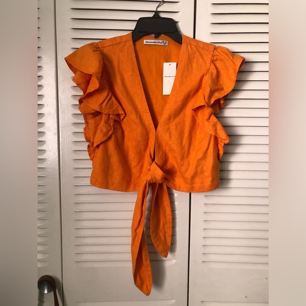 NWT Abercrombie Orange Linen Tie Front Top Ruffle Sleeve Crop Euro Summer. S